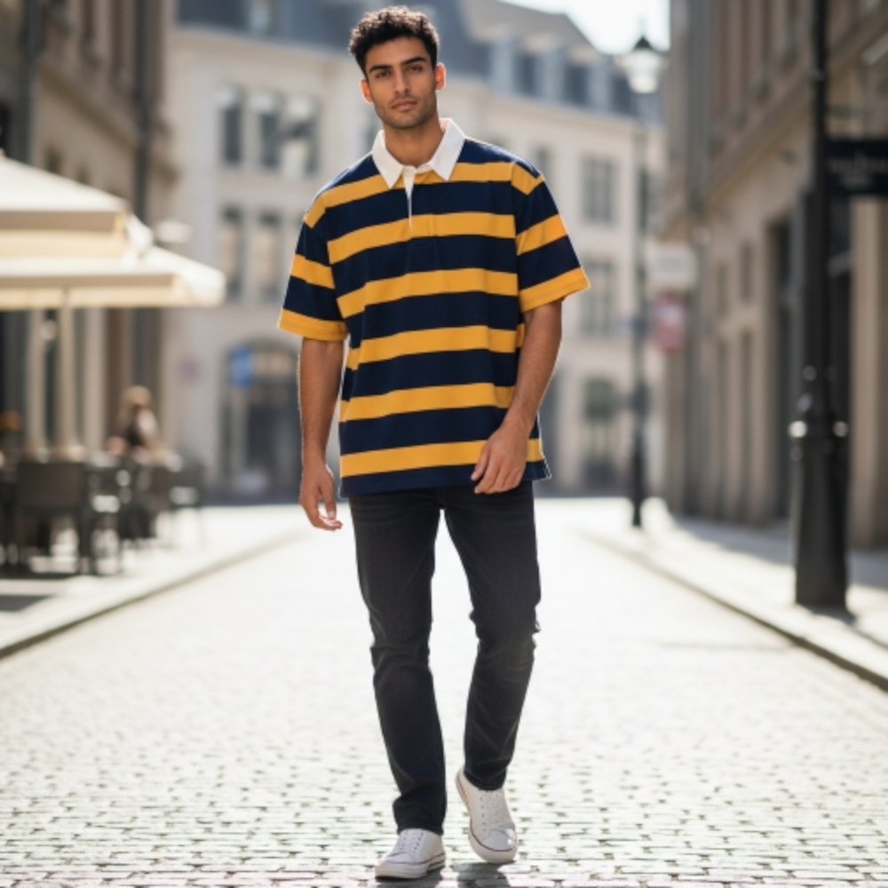 SHEIN Men's Polo Shirt in Navy and Yellow Stripes